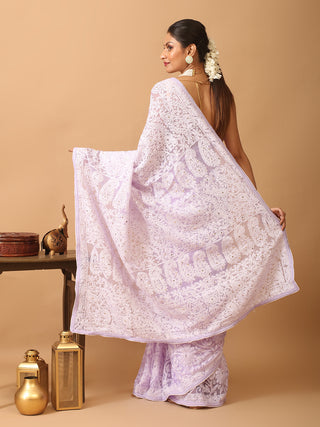 Lavender Georgette Saree with Hand Lucknowi Thread Work and Mukaish Detailing