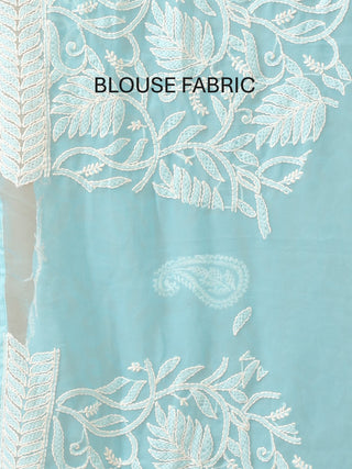 Turquoise Blue Georgette Saree with All Over Hand Lucknowi Thread Work