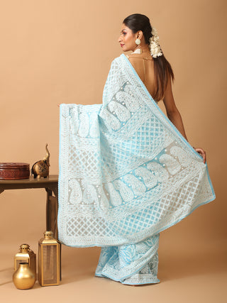 Turquoise Blue Georgette Saree with All Over Hand Lucknowi Thread Work