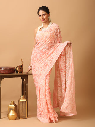 Peach Georgette Saree with All Over Hand Lucknowi Thread Work