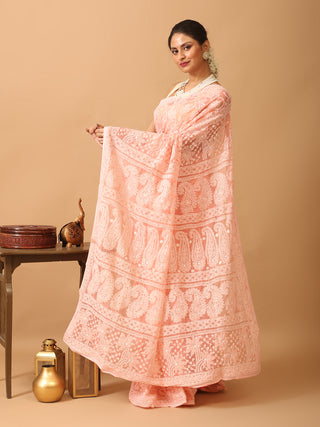 Peach Georgette Saree with All Over Hand Lucknowi Thread Work