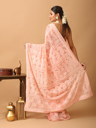 Peach Georgette Saree with All Over Hand Lucknowi Thread Work
