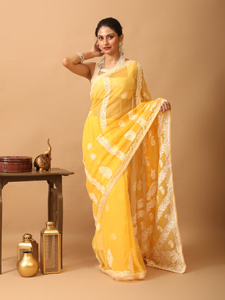 Yellow Georgette Saree with Hand Lucknowi Embroidery in "Chadi" Style