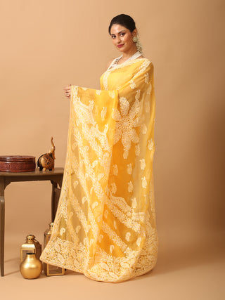 Yellow Georgette Saree with Hand Lucknowi Embroidery in "Chadi" Style