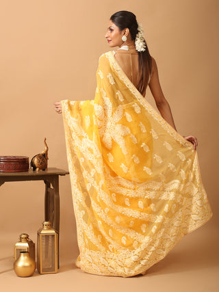 Yellow Georgette Saree with Hand Lucknowi Embroidery in "Chadi" Style
