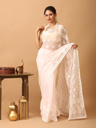Baby Pink Georgette Saree with Hand Lucknowi Embroidery