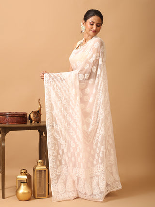 Baby Pink Georgette Saree with Hand Lucknowi Embroidery