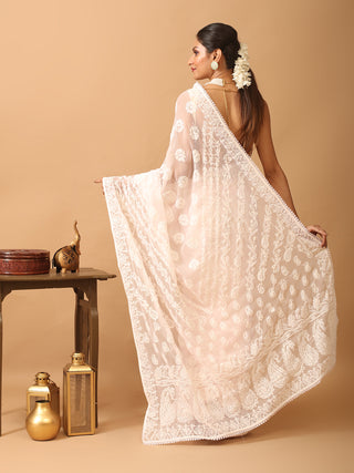 Baby Pink Georgette Saree with Hand Lucknowi Embroidery