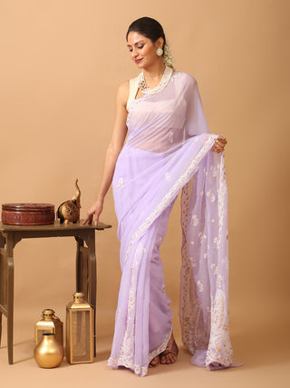 Lavender Georgette Saree with Hand Lucknowi Thread Work Highlighted with Gota Patti