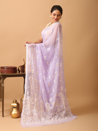 Lavender Georgette Saree with Hand Lucknowi Thread Work Highlighted with Gota Patti