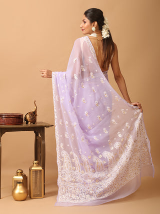 Lavender Georgette Saree with Hand Lucknowi Thread Work Highlighted with Gota Patti