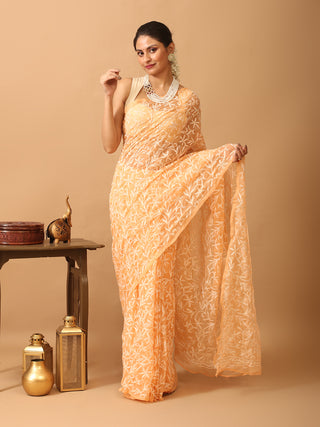 Peach Georgette Saree with All Over "Tepchi" Thread Work