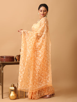 Peach Georgette Saree with All Over "Tepchi" Thread Work
