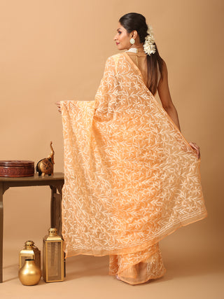 Peach Georgette Saree with All Over "Tepchi" Thread Work