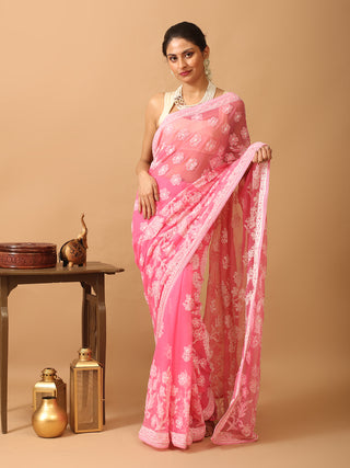 Fuchsia Georgette Saree with Hand Lucknowi Thread Work