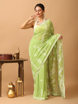 Green Georgette Saree with Hand Lucknowi Embroidery in "Chadi" Style