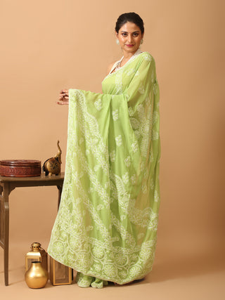 Green Georgette Saree with Hand Lucknowi Embroidery in "Chadi" Style