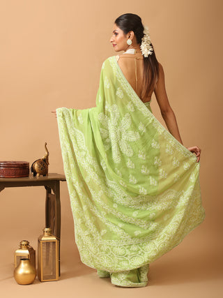 Green Georgette Saree with Hand Lucknowi Embroidery in "Chadi" Style