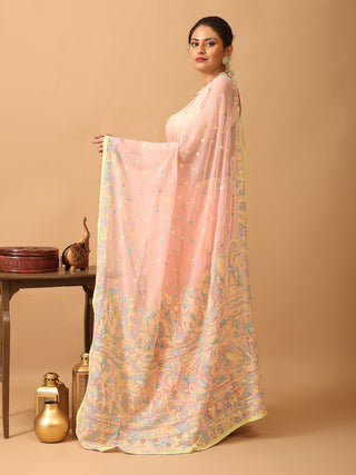 Baby Pink Georgette Saree with Multicolour Lucknowi Thread Work