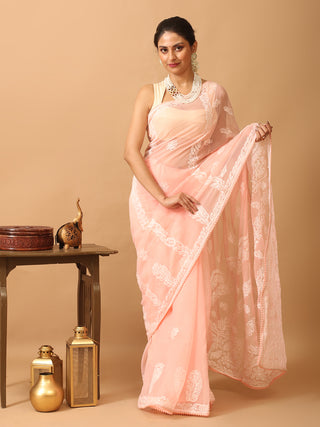Baby Pink Georgette Saree with Hand Lucknowi Embroidery