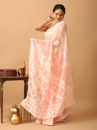 Baby Pink Georgette Saree with Hand Lucknowi Embroidery