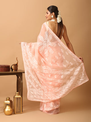 Baby Pink Georgette Saree with Hand Lucknowi Embroidery