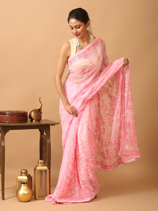 Pink Georgette Saree with Hand Lucknowi Embroidery