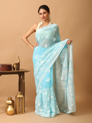 Aqua Blue Georgette Saree with Hand Lucknowi Thread Work