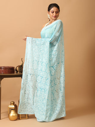 Aqua Blue Georgette Saree with Hand Lucknowi Thread Work