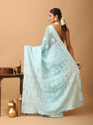 Aqua Blue Georgette Saree with Hand Lucknowi Thread Work