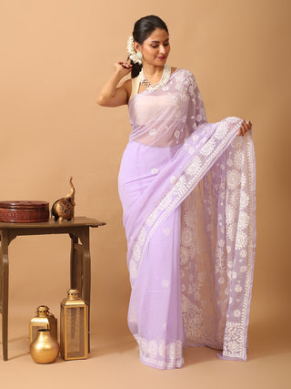 Lavender Georgette Saree with Hand Lucknowi Thread Work