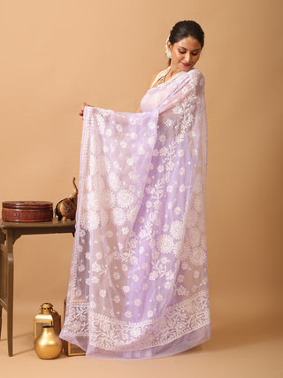 Lavender Georgette Saree with Hand Lucknowi Thread Work