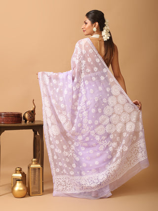 Lavender Georgette Saree with Hand Lucknowi Thread Work