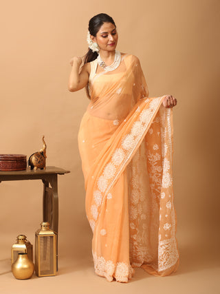 Peach Georgette Saree with Hand Lucknowi Thread Work