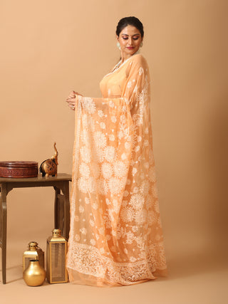 Peach Georgette Saree with Hand Lucknowi Thread Work