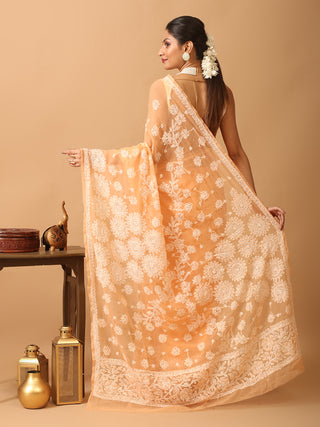 Peach Georgette Saree with Hand Lucknowi Thread Work