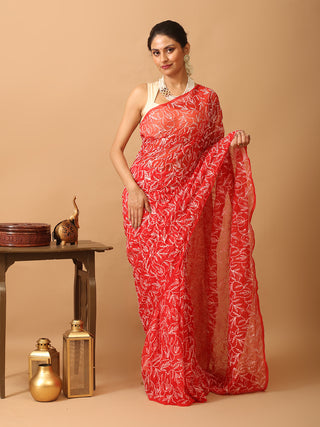 Red Georgette Saree with All Over "Tepchi" Thread Work