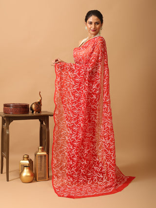 Red Georgette Saree with All Over "Tepchi" Thread Work