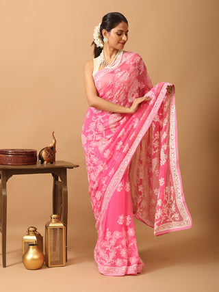 Fuchsia Georgette Saree with Hand Lucknowi Embroidery