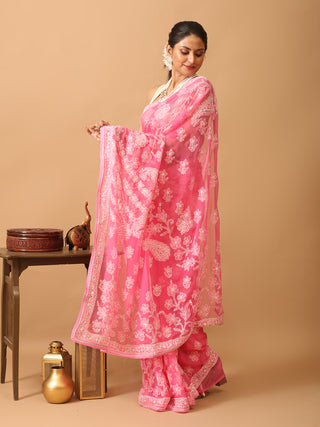 Fuchsia Georgette Saree with Hand Lucknowi Embroidery
