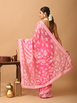 Fuchsia Georgette Saree with Hand Lucknowi Embroidery