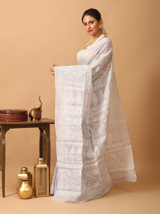 Grey Pure Cotton Kota Saree with Lucknowi Embroidery
