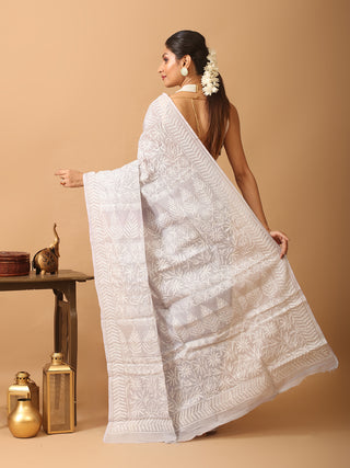 Grey Pure Cotton Kota Saree with Lucknowi Embroidery
