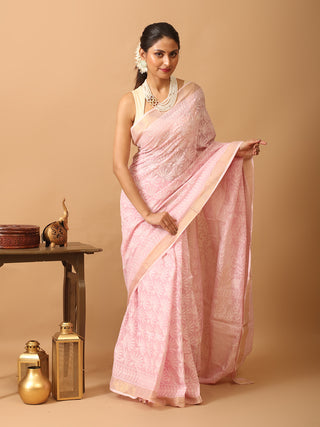 Baby Pink Pure Cotton Kota Saree with Hand Lucknowi Embroidery