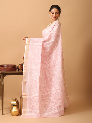 Baby Pink Pure Cotton Kota Saree with Hand Lucknowi Embroidery