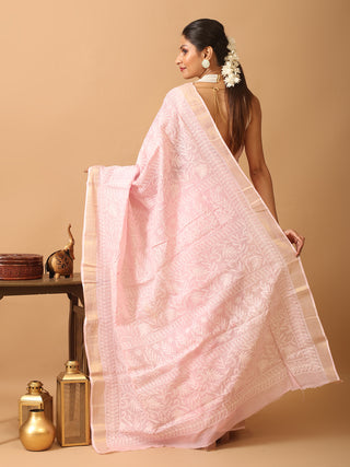 Baby Pink Pure Cotton Kota Saree with Hand Lucknowi Embroidery