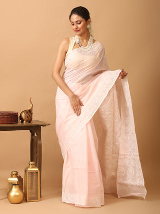 Baby Pink Pure Cotton Kota Saree with Hand Lucknowi Embroidery