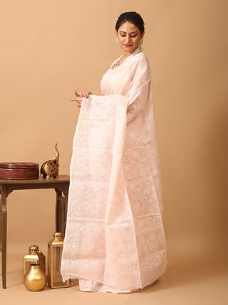 Baby Pink Pure Cotton Kota Saree with Hand Lucknowi Embroidery