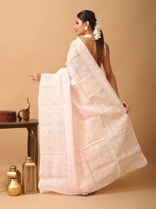 Baby Pink Pure Cotton Kota Saree with Hand Lucknowi Embroidery