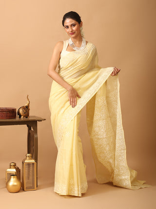 Pale Yellow Pure Cotton Kota Saree with Hand Lucknowi Embroidery
